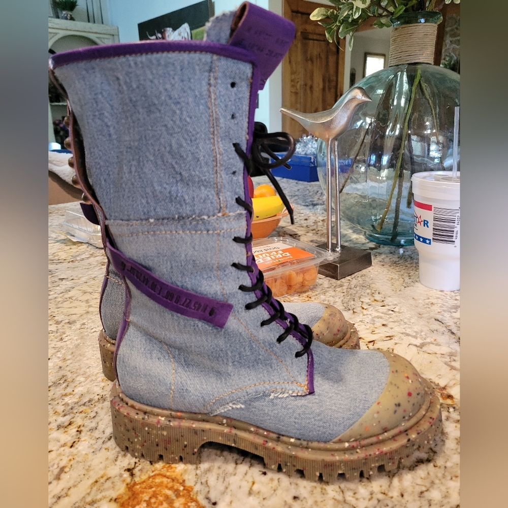 NWT A.S.98 New Release Upcycled Light Denim Purple Leather Accents Lace Up Boots